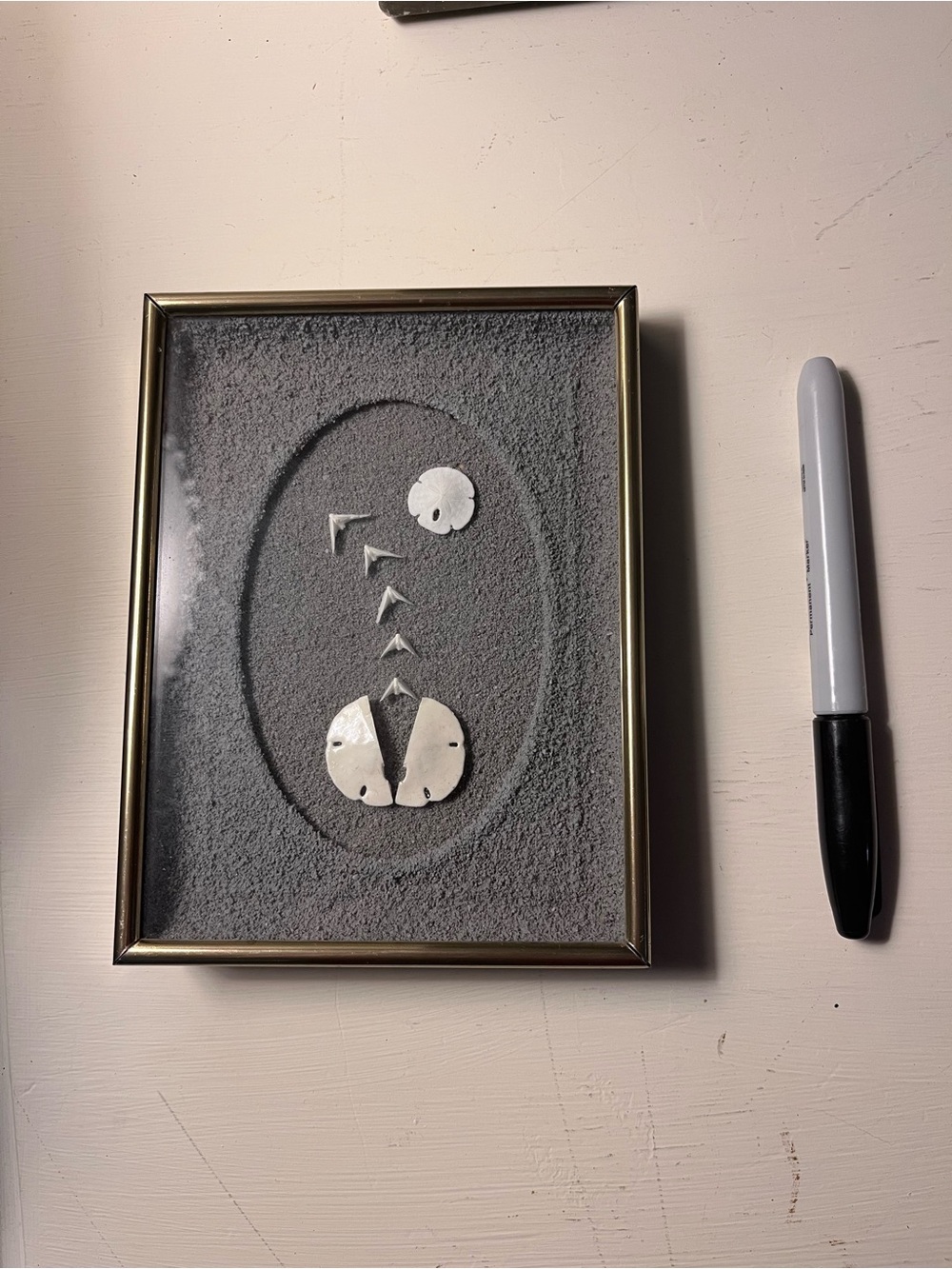 Framed Sand and Shell Art in Gray with Gold Frame